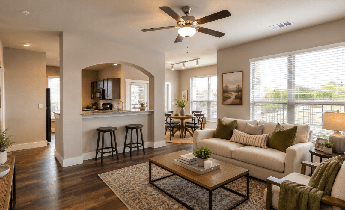 Modern living room at The Ranch at Huntsville apartments