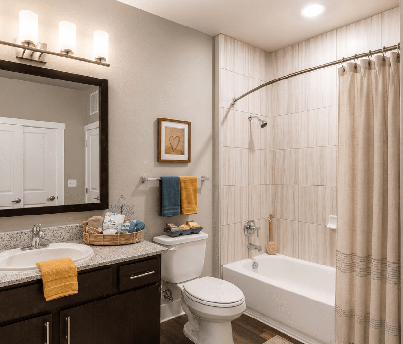 Apartment bathroom featuring a relaxing bathtub