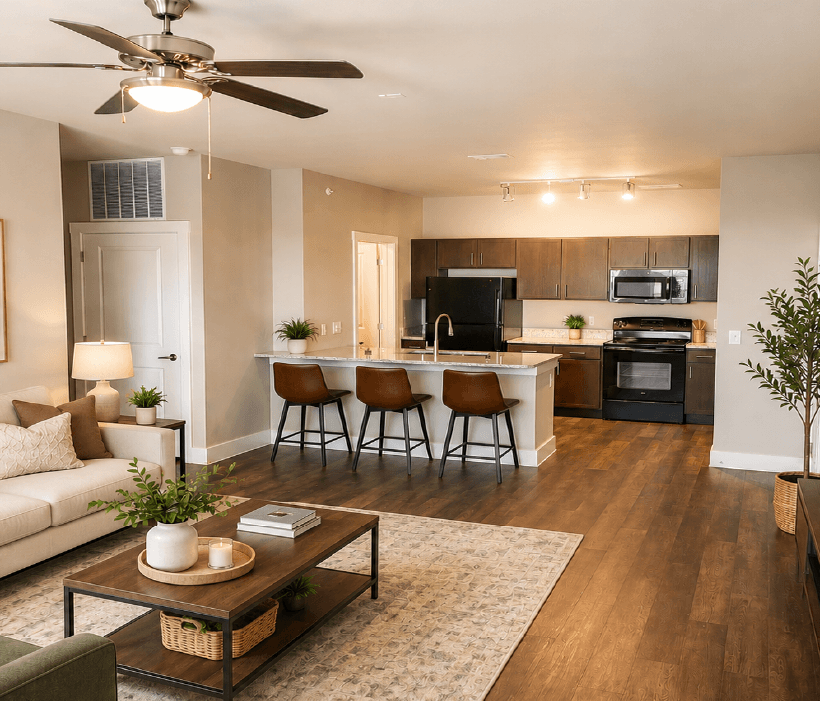 Open-concept living room at The Ranch