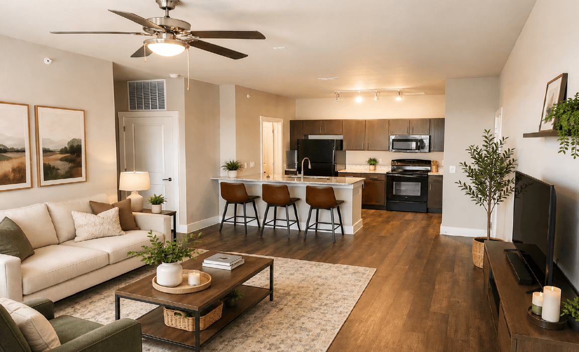 Open-concept living room at The Ranch