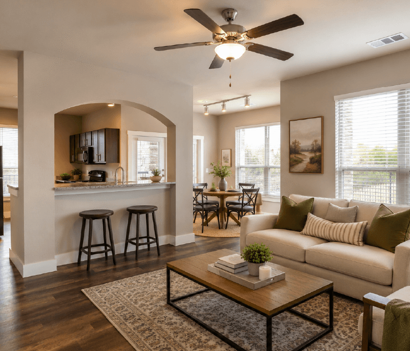 Open-concept living and dining area at The Ranch