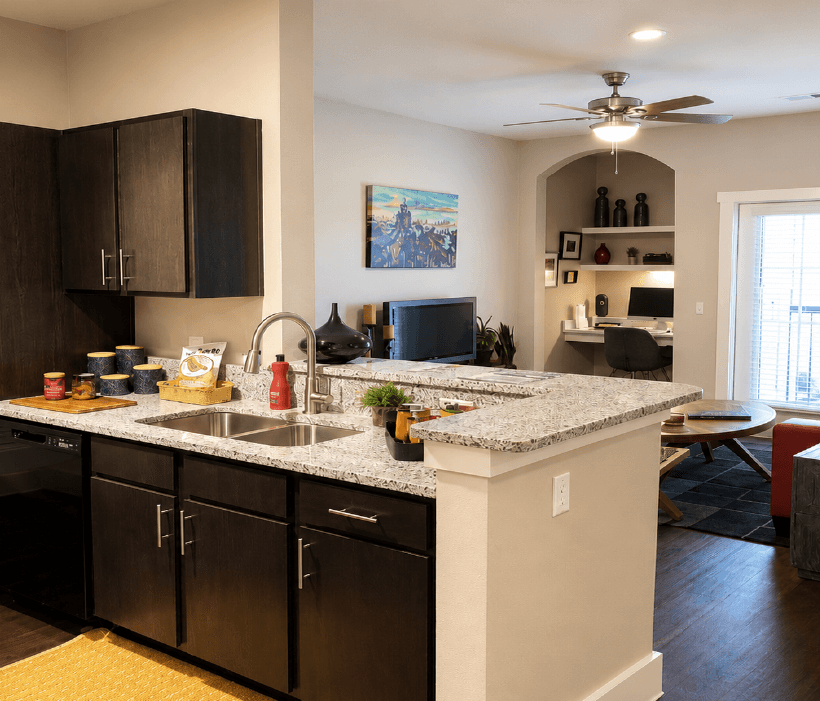 Open-concept kitchen in Huntsville apartment